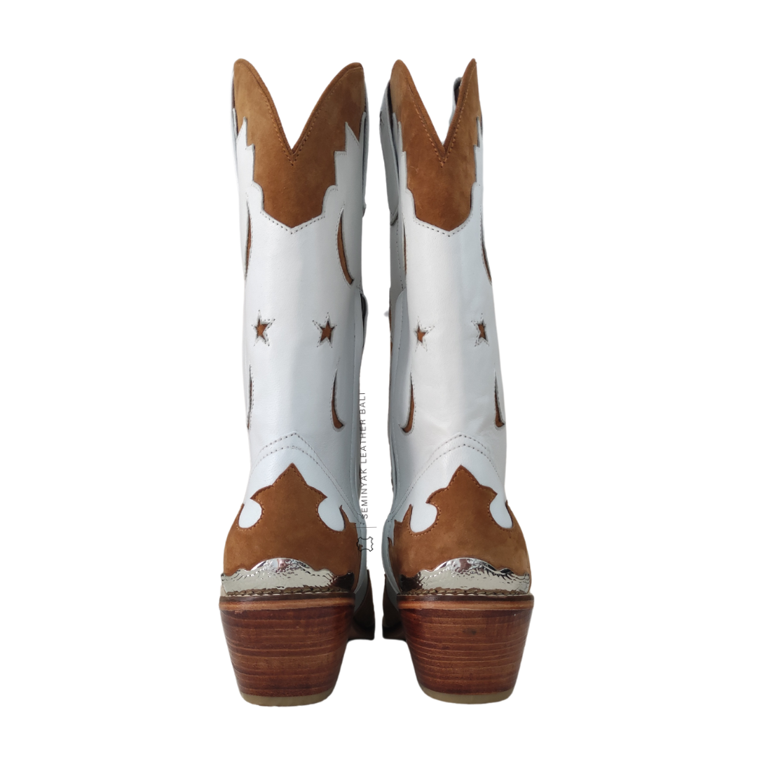 a pair of LUNA cowboy boots in white leather and tan suede color, the  boots is calf high made of genuine sheep leather upper, leather sole, and 5 cm wooden heels