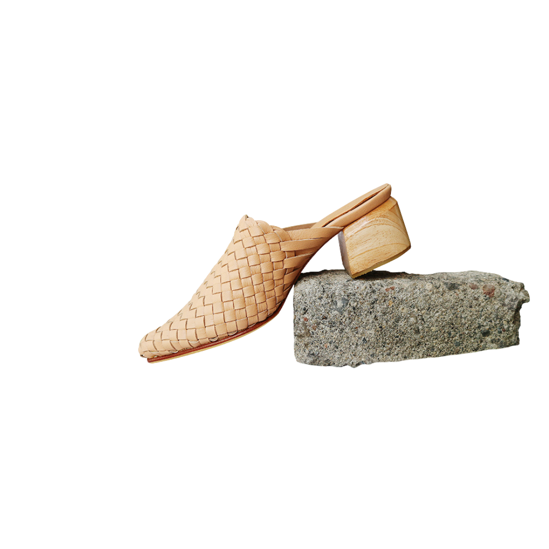 Pair of blush woven mule heels designs by Seminyak Leather Bali 