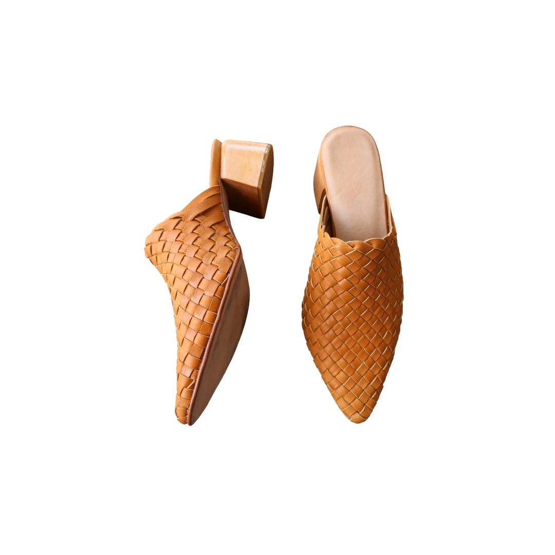 Pair of honey tan woven mule heels designs by Seminyak Leather Bali 