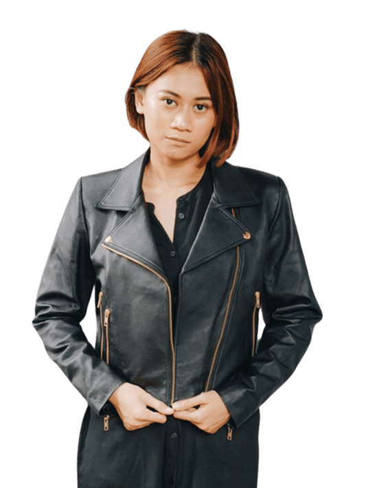 A model wearing a leather Jacket from Seminyak Leather Bali. A black leather jacket with a gold accessories and two zip pocket in each side with a detail biker on the neck. We proudly present Eliz biker leather jacket for you. 