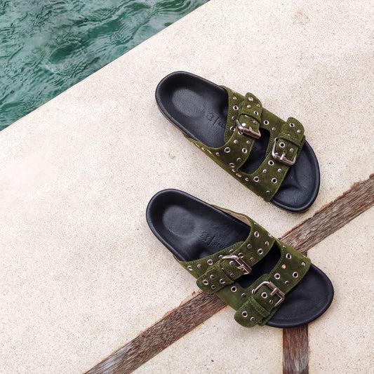 RIVETTE Studded Sandals - Olive Green