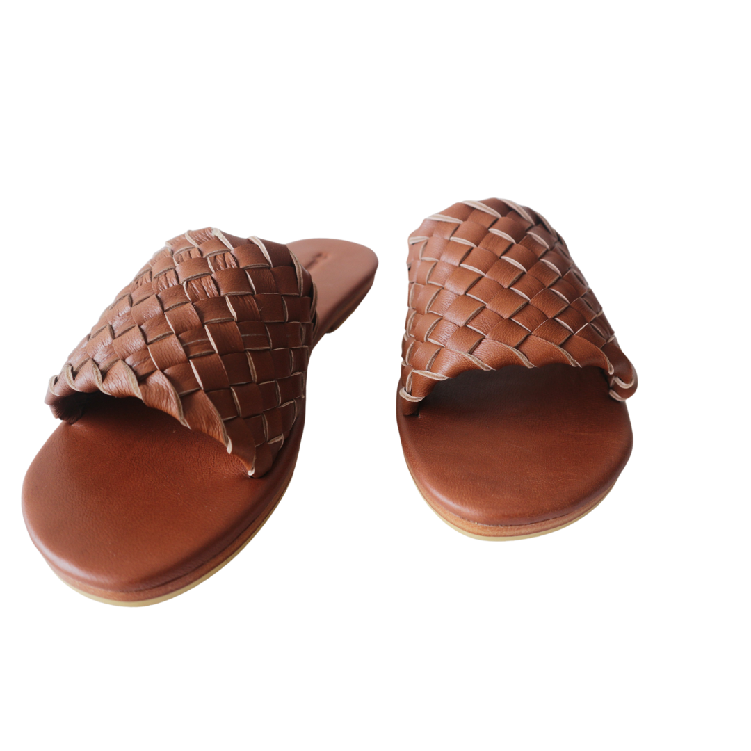 Tan woven leather deals slides